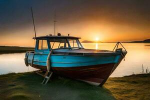 a boat sits on the shore at sunset. AI-Generated photo