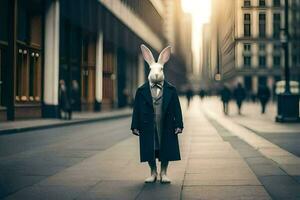 a rabbit wearing a coat and tie standing in the middle of a city street. AI-Generated photo