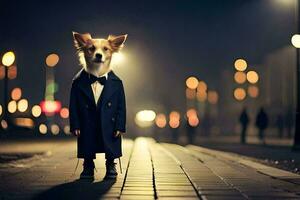 un perro vestido en un traje y Corbata en pie en un calle a noche. generado por ai foto