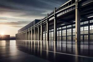 an empty warehouse with a sun setting behind it. AI-Generated photo