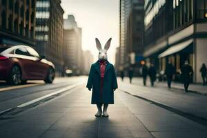 a rabbit wearing a coat and tie standing in the middle of a city street. AI-Generated photo