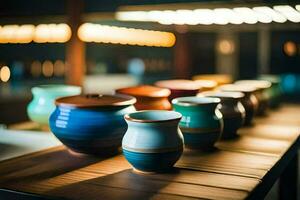 a row of colorful vases on a wooden table. AI-Generated photo