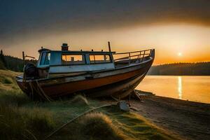 a boat sits on the shore at sunset. AI-Generated photo