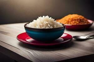 rice in a bowl and spoon on a wooden table. AI-Generated photo