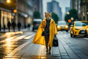 fox in yellow coat walking on street. AI-Generated photo