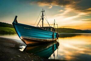 a boat sits on the shore of a lake at sunset. AI-Generated photo