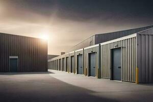 a row of metal storage buildings with the sun shining. AI-Generated photo