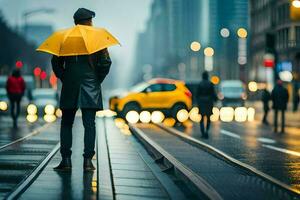 un hombre con un paraguas en pie en un calle en el lluvia. generado por ai foto