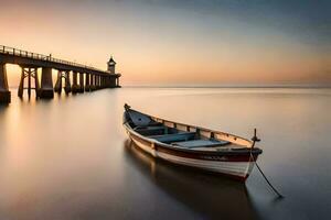 a boat sits in the water near a pier. AI-Generated photo