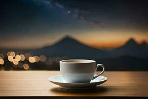 a cup of coffee on a table in front of a cityscape. AI-Generated photo