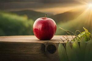 an apple sits on top of a wooden table with the sun shining behind it. AI-Generated photo