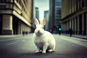 a white rabbit is sitting on the street in front of tall buildings. AI-Generated photo