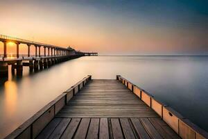 un muelle a puesta de sol con un largo muelle. generado por ai foto