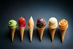 five different ice cream cones with different flavors. AI-Generated photo