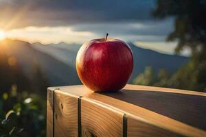 an apple sits on a wooden table in front of a mountain. AI-Generated photo