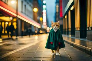 a cat wearing a green coat and standing on a city street. AI-Generated photo