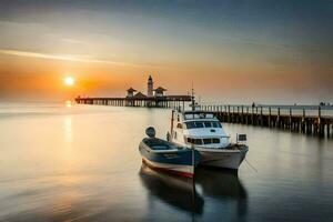 two boats are docked at the pier at sunset. AI-Generated photo
