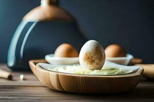 an egg is sitting on top of a bowl of noodles. AI-Generated photo