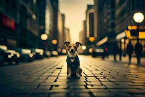 a dog standing on a street in the middle of a city. AI-Generated photo