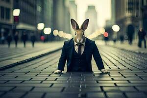 a rabbit wearing a suit and tie sitting on the ground. AI-Generated photo