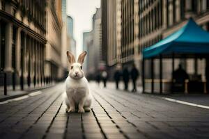 a white rabbit is standing on a street in a city. AI-Generated photo