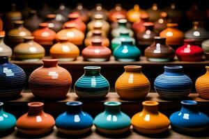 many colorful vases are on display in a shop. AI-Generated photo