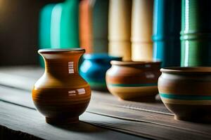 a row of colorful vases sit on a wooden table. AI-Generated photo