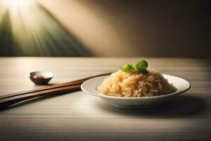 a bowl of rice with chopsticks and a light. AI-Generated photo