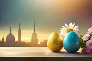 easter eggs on the table with flowers and city in the background. AI-Generated photo