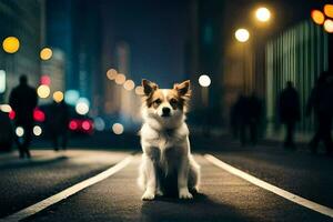 a dog sitting on the street at night. AI-Generated photo