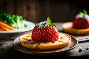 a strawberry on a plate with a slice of cheese. AI-Generated photo