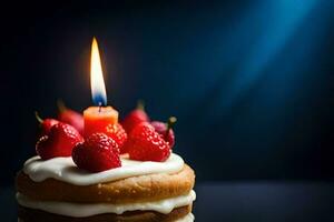 a birthday cake with strawberries and a lit candle. AI-Generated photo