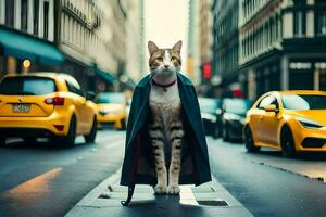 a cat in a coat standing on the street. AI-Generated photo