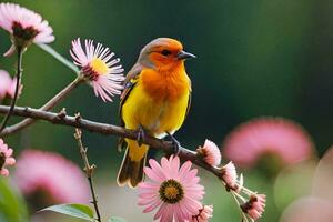 a small orange and yellow bird is sitting on a branch. AI-Generated photo