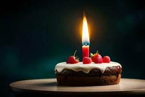 un pequeño cumpleaños pastel con un soltero vela. generado por ai foto