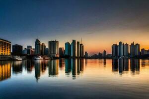 el ciudad horizonte es reflejado en el agua a puesta de sol. generado por ai foto