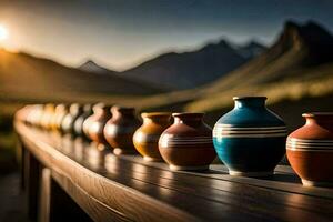 colorful vases lined up on a wooden bench. AI-Generated photo