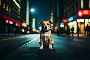 a dog sitting on the street at night. AI-Generated photo