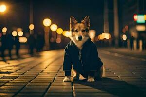 un perro en un chaqueta sentado en el calle a noche. generado por ai foto