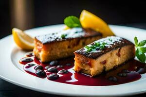 a dessert on a plate with a lemon wedge. AI-Generated photo