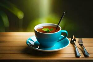 un taza de té con menta hojas en un de madera mesa. generado por ai foto