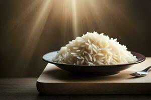 a bowl of rice on a wooden table. AI-Generated photo