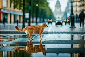 a cat walking across a wet street in the rain. AI-Generated photo