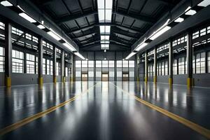 an empty warehouse with a long hallway and a large window. AI-Generated photo