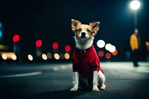 a dog wearing a red jacket sitting on the street at night. AI-Generated photo