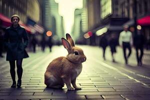 a rabbit sitting on the sidewalk in front of a woman. AI-Generated photo
