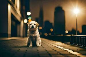 a dog sitting on the sidewalk at night. AI-Generated photo