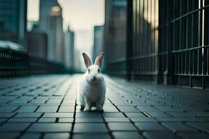 un blanco Conejo es en pie en un ladrillo pasarela generado por ai foto