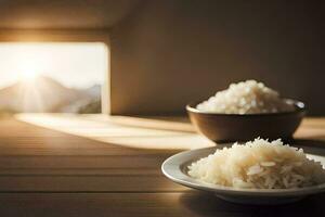 two bowls of rice sit on a table with the sun shining in the background. AI-Generated photo