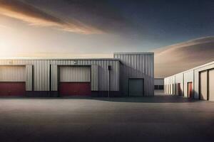 a large warehouse with two red doors. AI-Generated photo